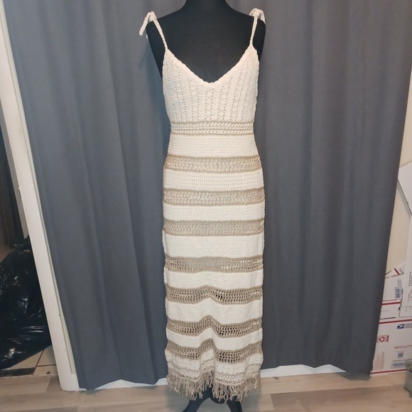 Viviane Furrier Dresses & Skirts - Viviane Furrier Boho Crochet Knit Maxi Dress‎ Metallic Striped Fringed Hem 10